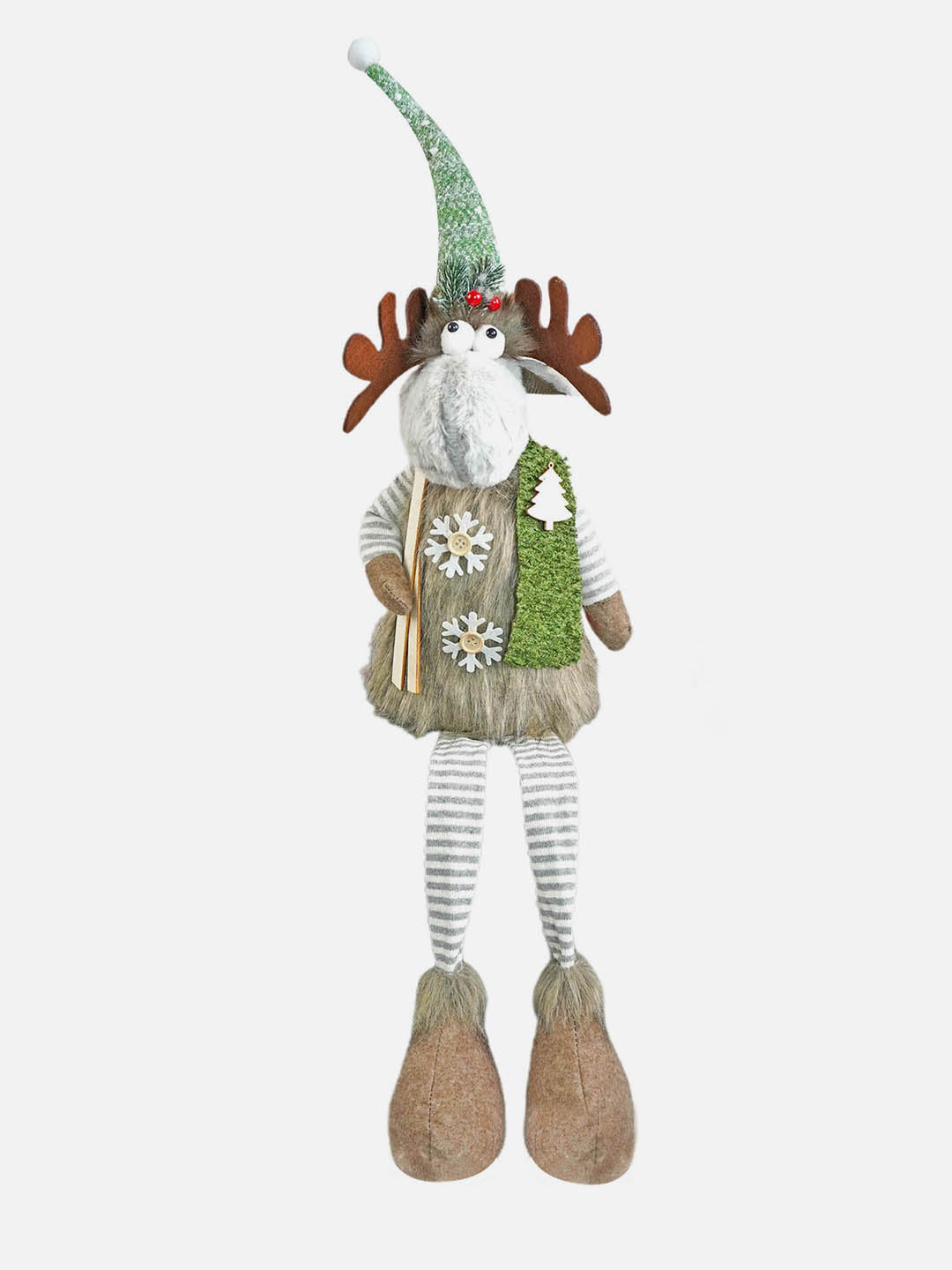 Little Surprise Box Grey Sitting Long Legs Reindeer with Ski Boards Christmas décor