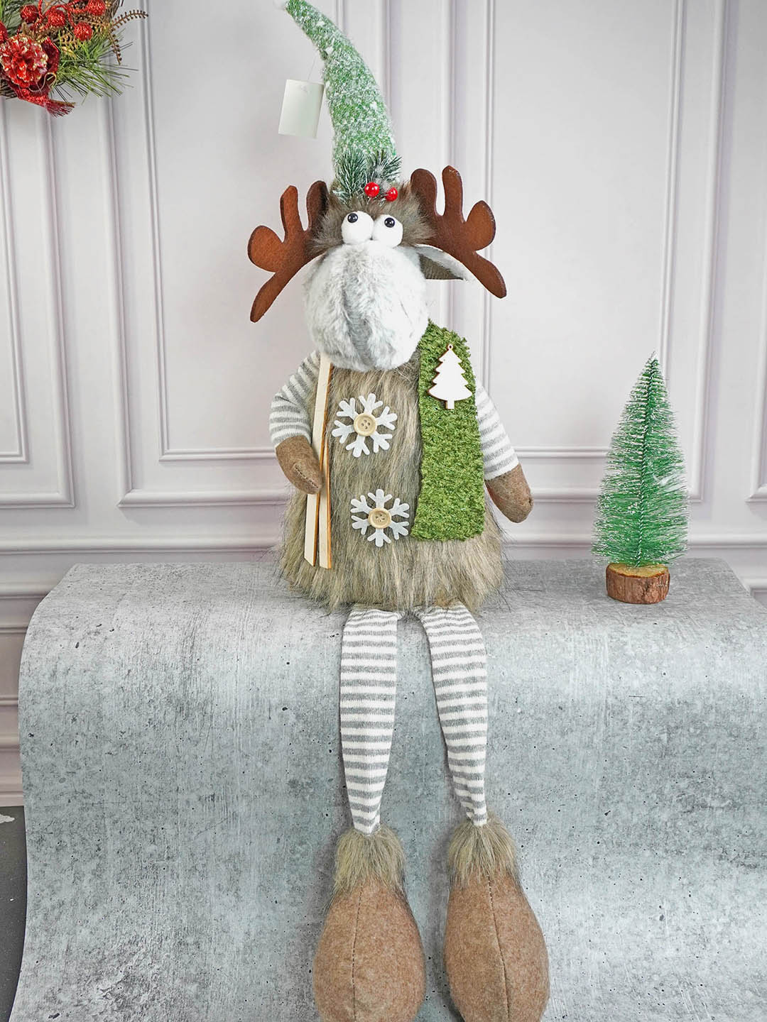 Little Surprise Box Grey Sitting Long Legs Reindeer with Ski Boards Christmas décor