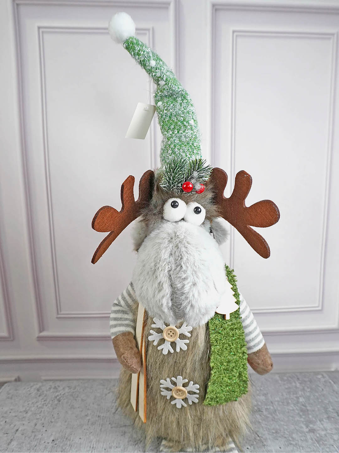 Little Surprise Box Grey Sitting Long Legs Reindeer with Ski Boards Christmas décor