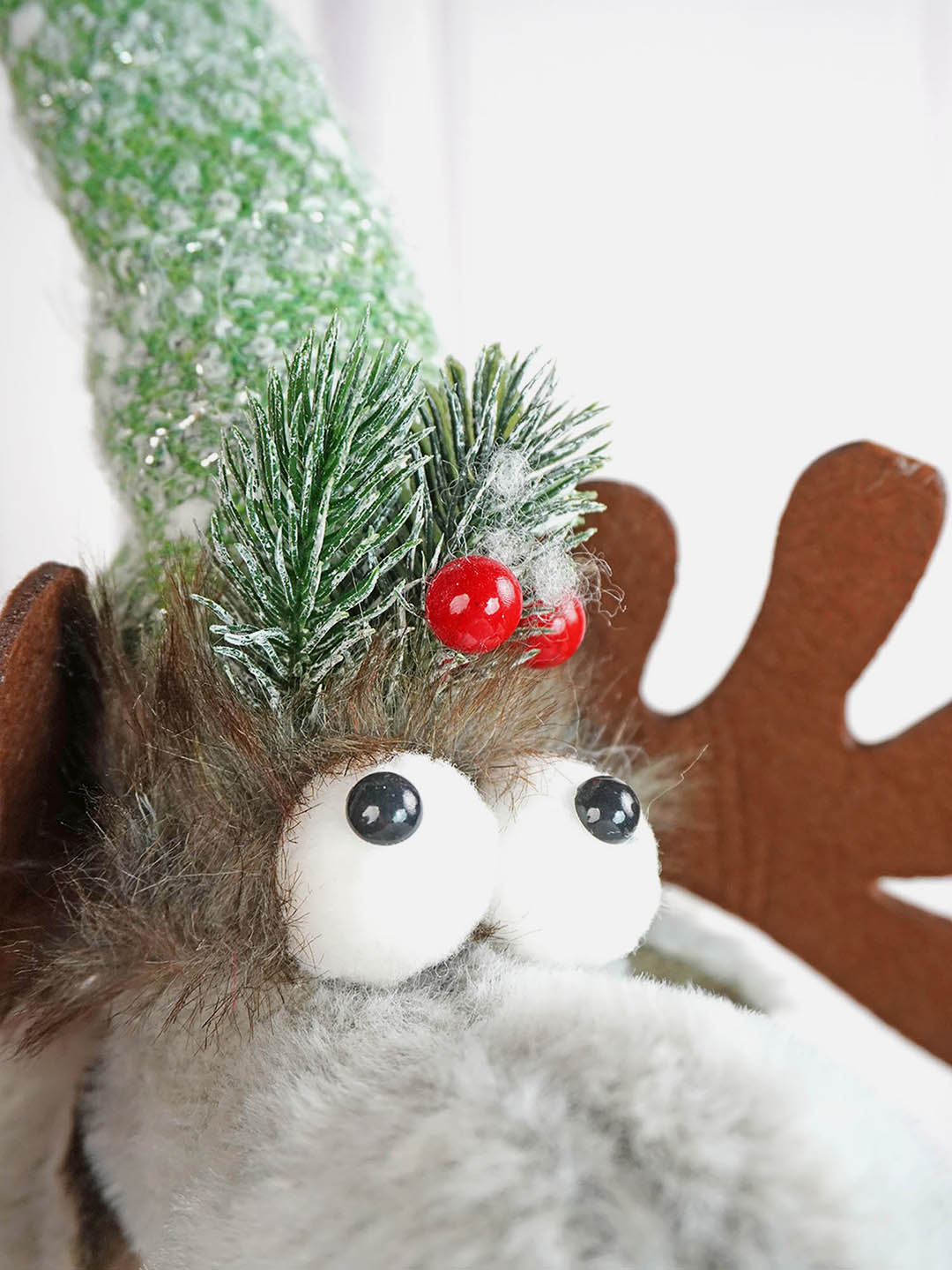 Little Surprise Box Grey Sitting Long Legs Reindeer with Ski Boards Christmas décor