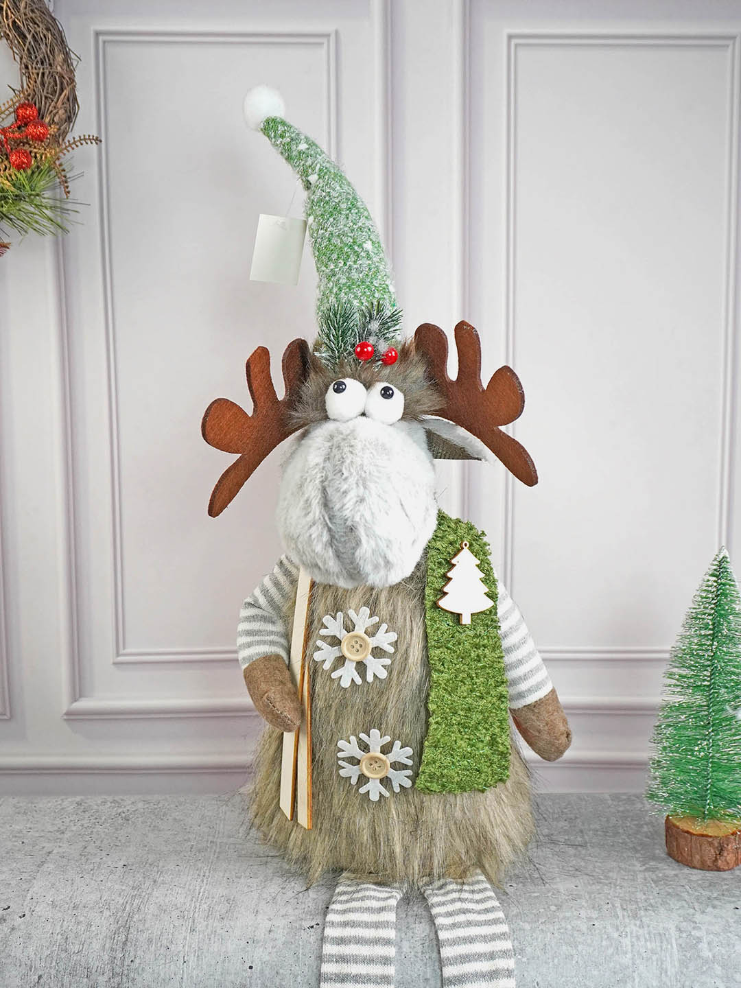 Little Surprise Box Grey Sitting Long Legs Reindeer with Ski Boards Christmas décor