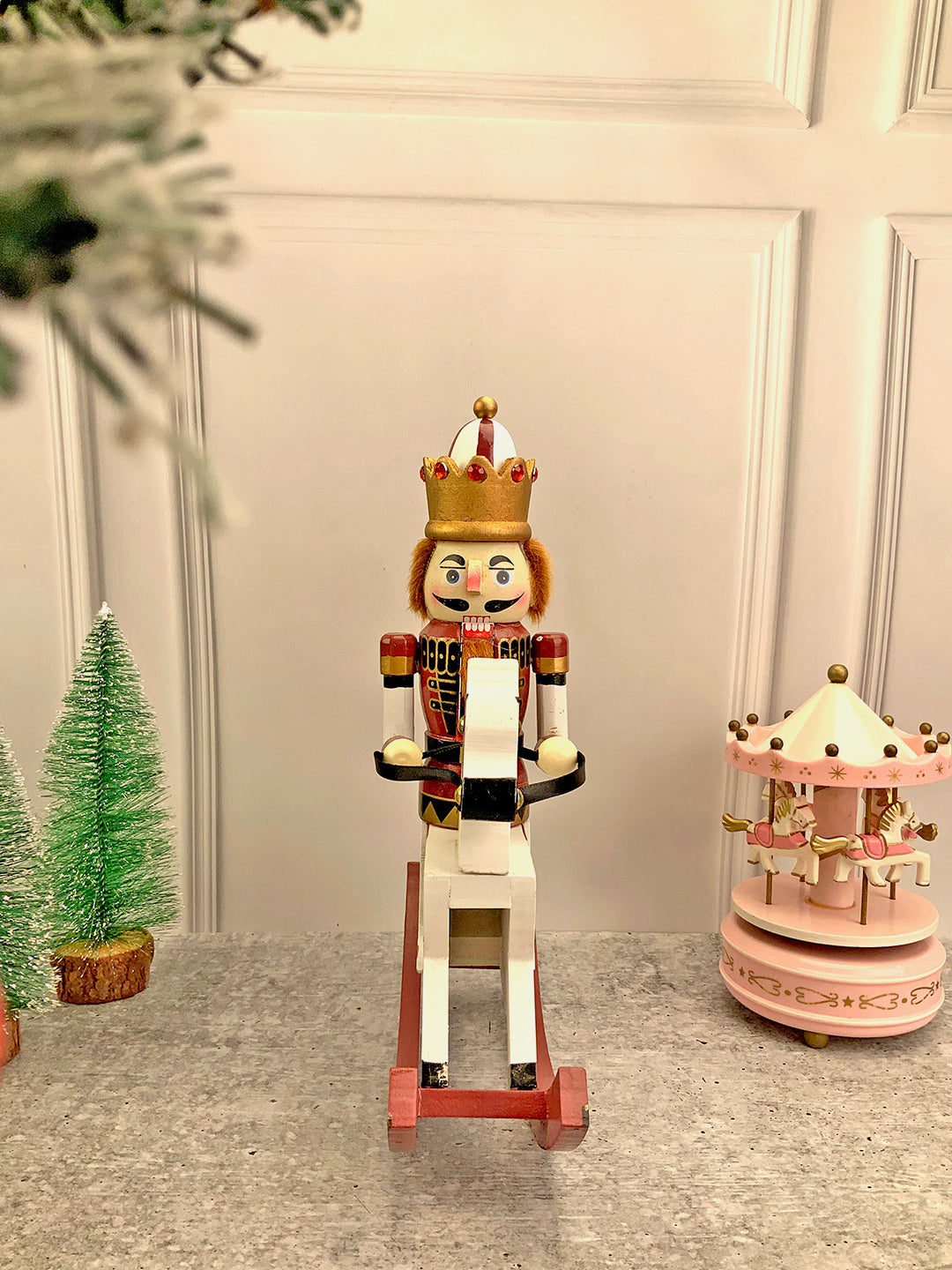 Little Surprise Box 12 inch Wooden Rocking Horse King Nutcracker standing Christmas Table Decor