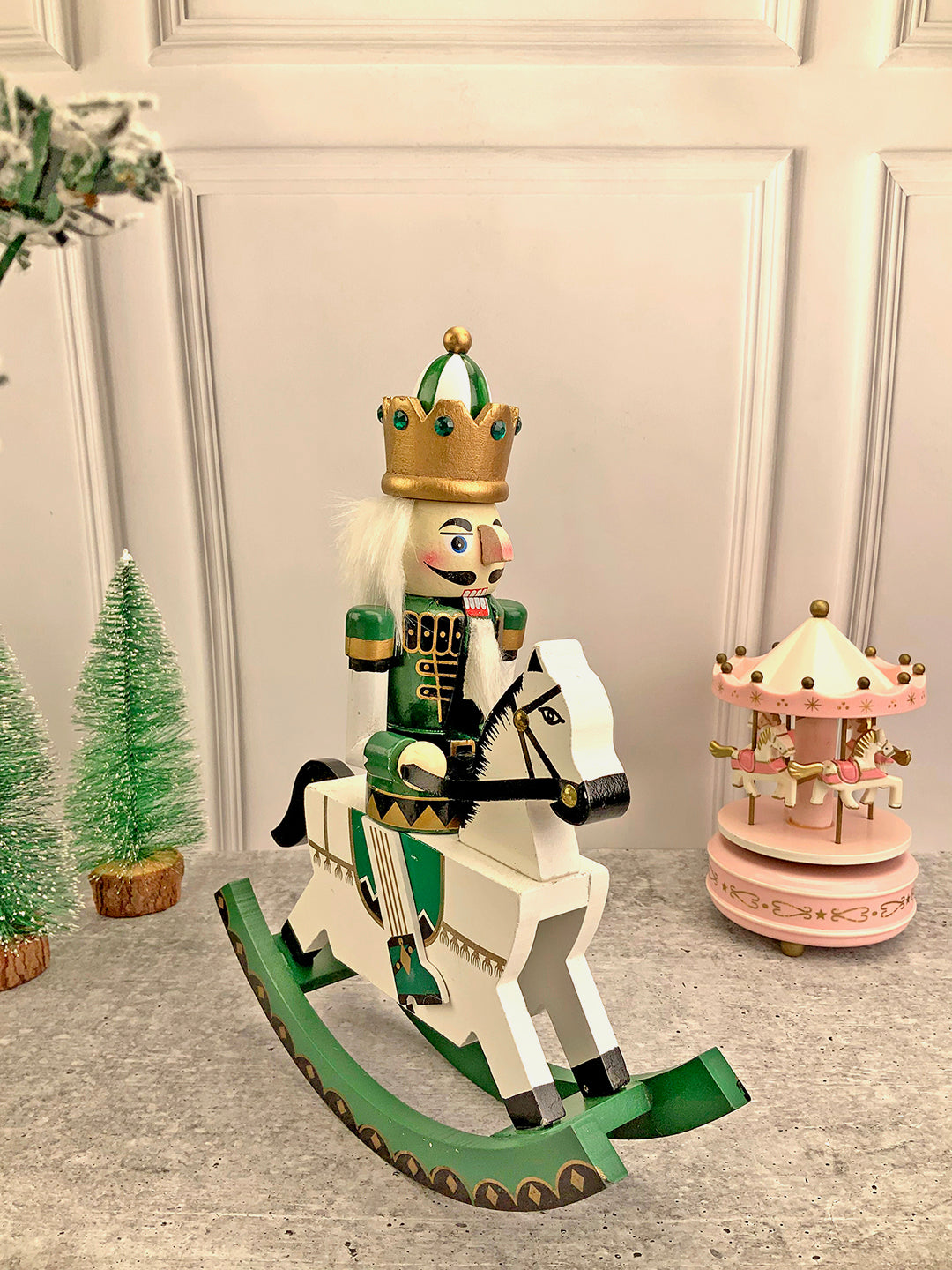 Little Surprise Box 12 inch Wooden Rocking Horse King Nutcracker standing Christmas Table Decor