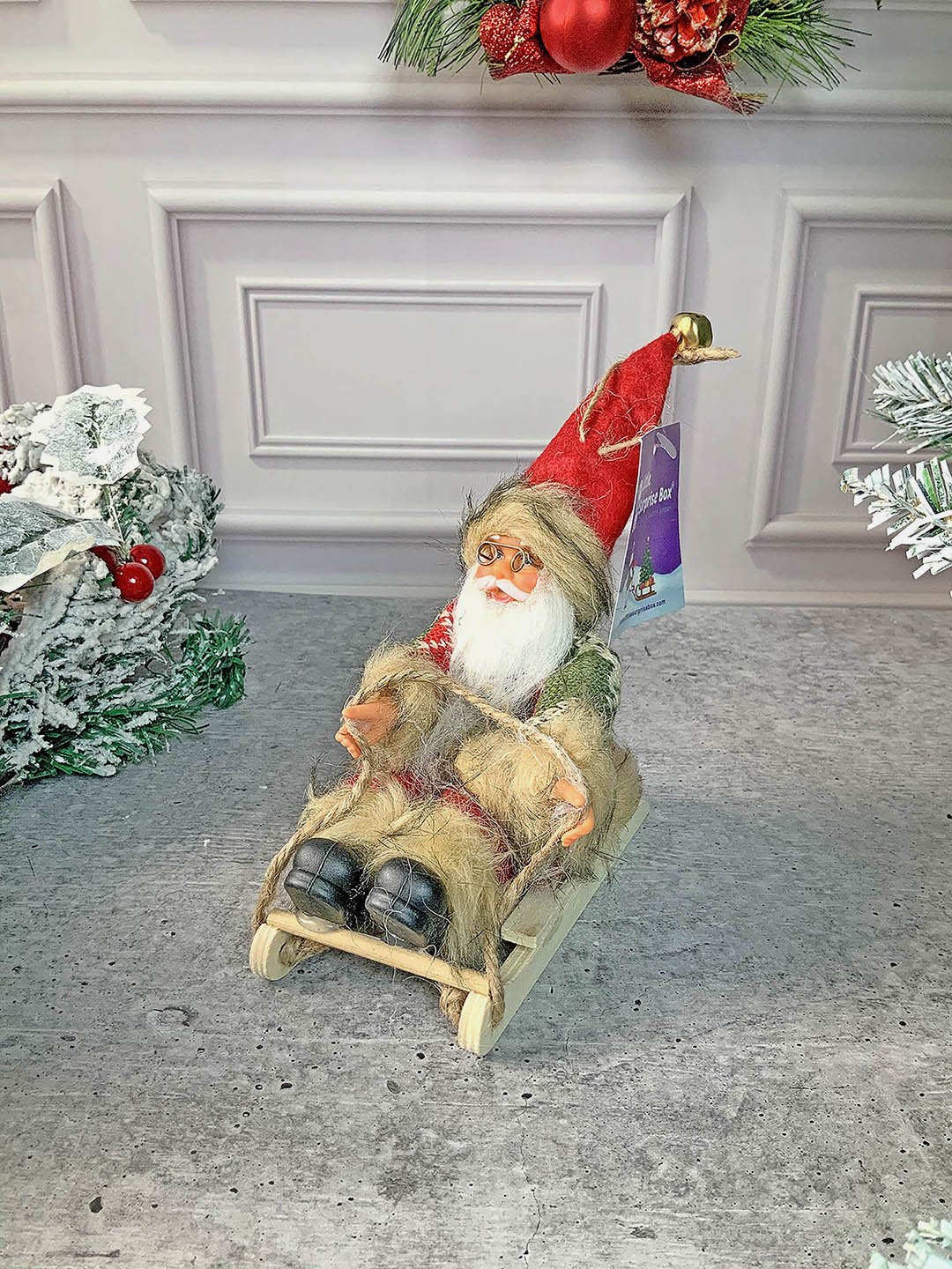 Little Surprise Box Green Red Sitting Sledge Santa Christmas Table Décor & Christmas ornaments