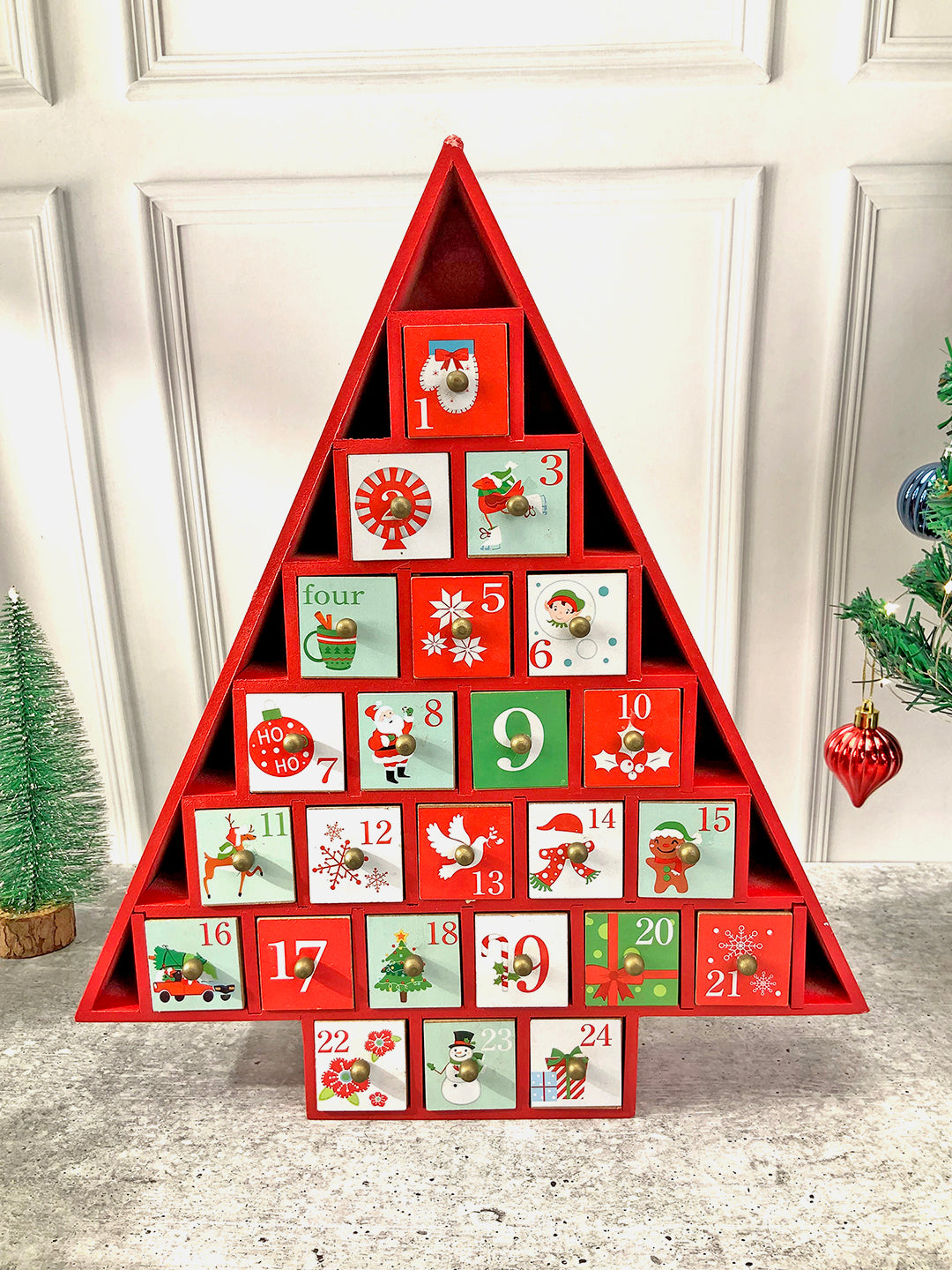 Little Surprise Box  24 days Wooden Red Tree Shape Advent Calendar for Christmas