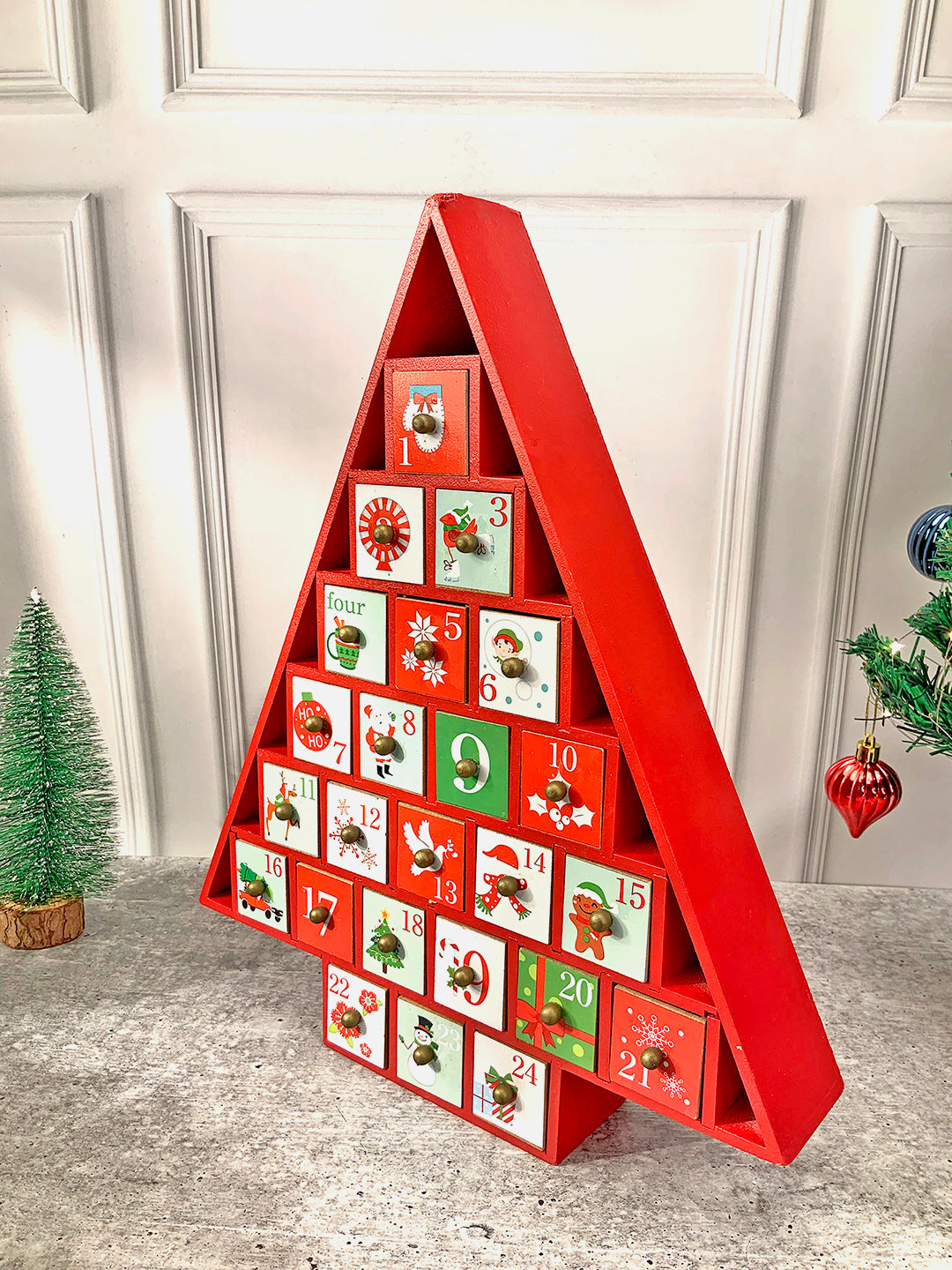 Little Surprise Box  24 days Wooden Red Tree Shape Advent Calendar for Christmas