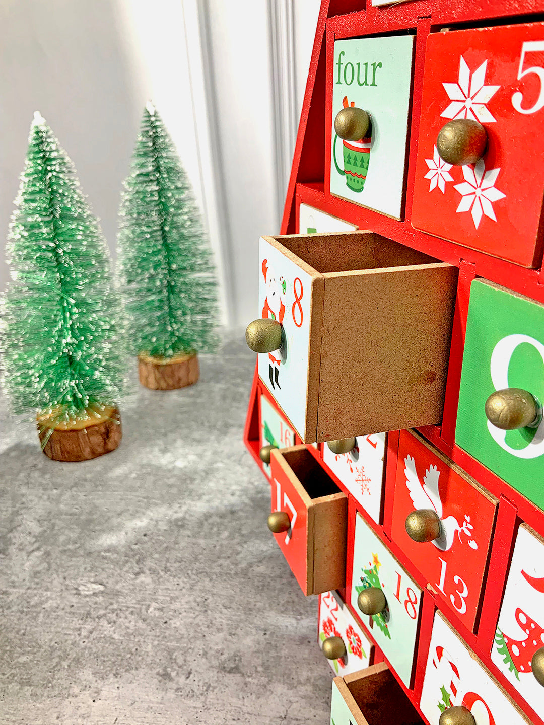 Little Surprise Box  24 days Wooden Red Tree Shape Advent Calendar for Christmas