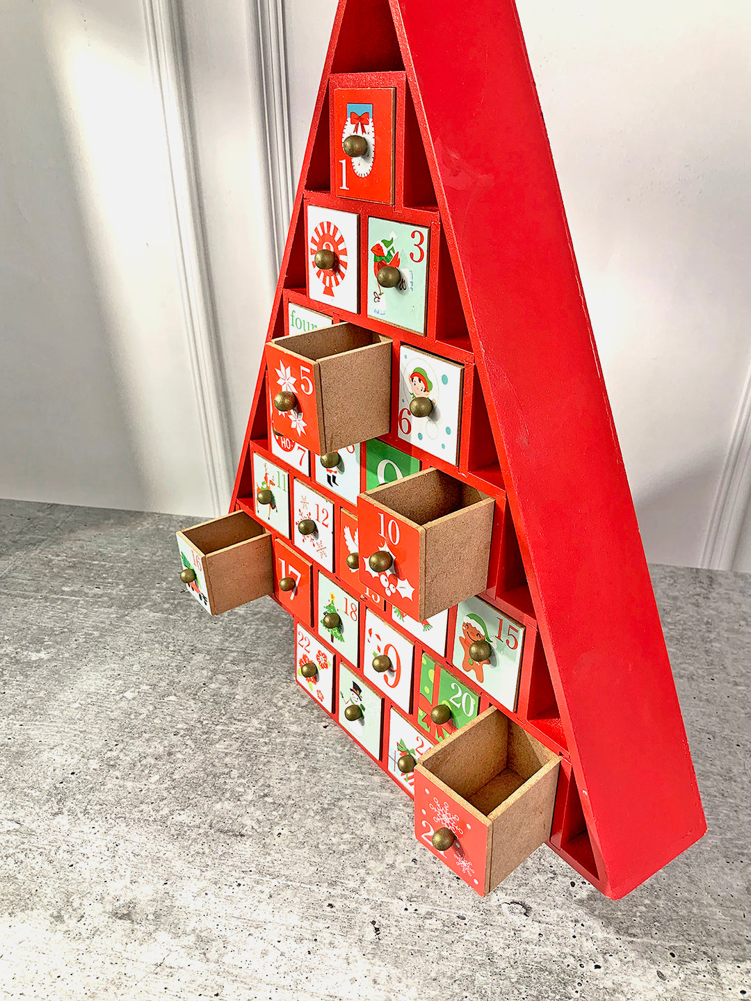 Little Surprise Box  24 days Wooden Red Tree Shape Advent Calendar for Christmas