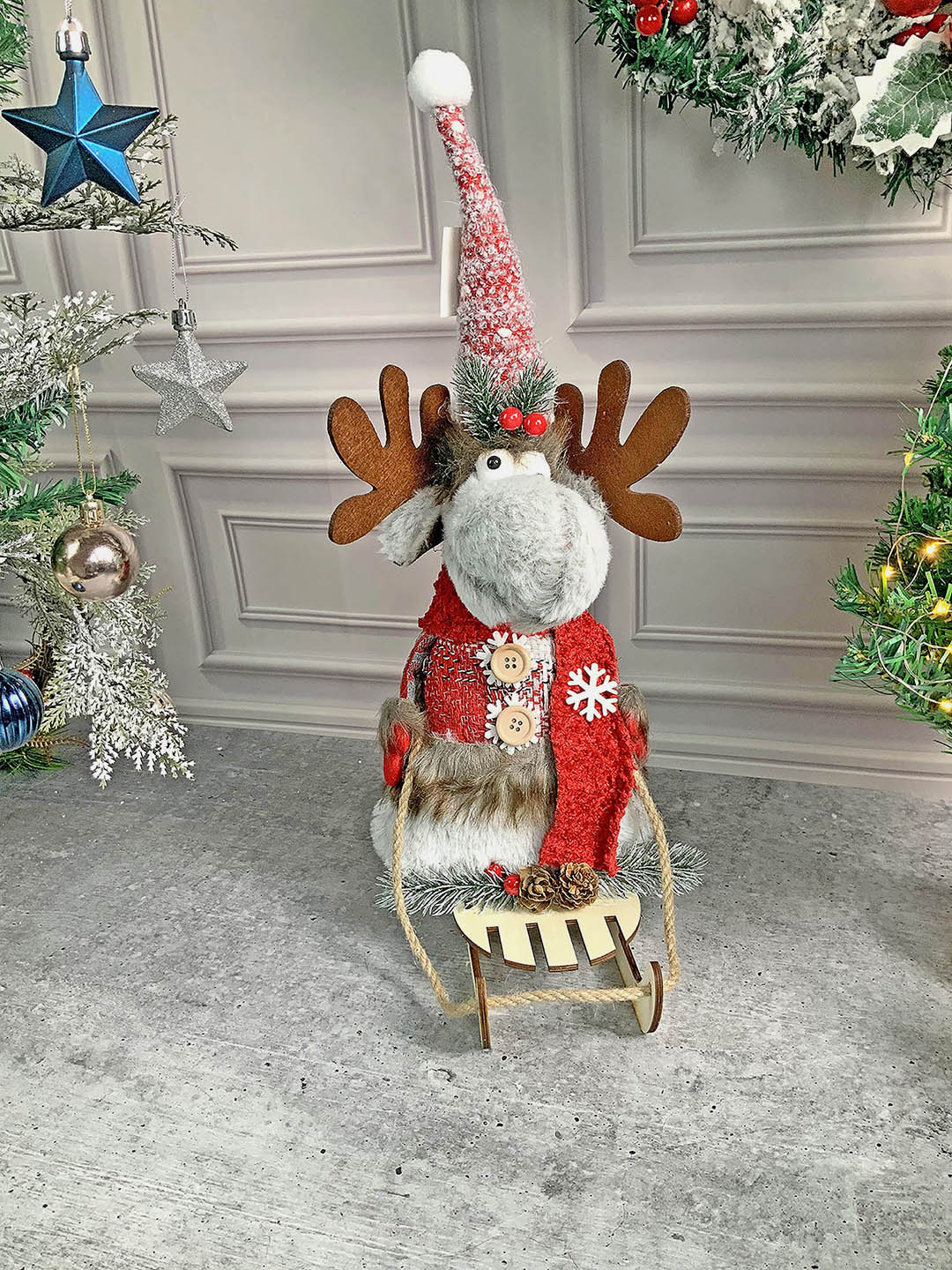 Little Surprise Box Grey & Red Deer on Snow Sledge Christmas Home Decoration