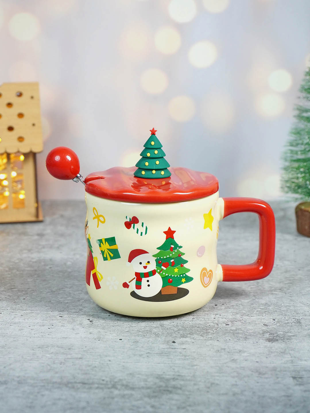 Ceramic Christmas Coffee & Hot Chocolate Mug With 3D Christmas Tree Lid &  Stainless Steel Spoon