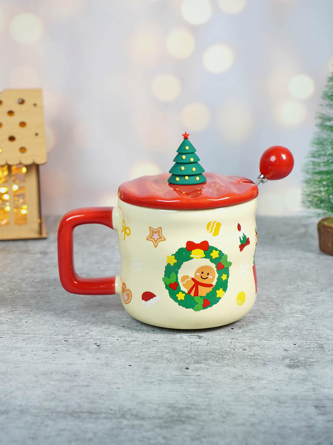 Ceramic Christmas Coffee & Hot Chocolate Mug With 3D Christmas Tree Lid &  Stainless Steel Spoon