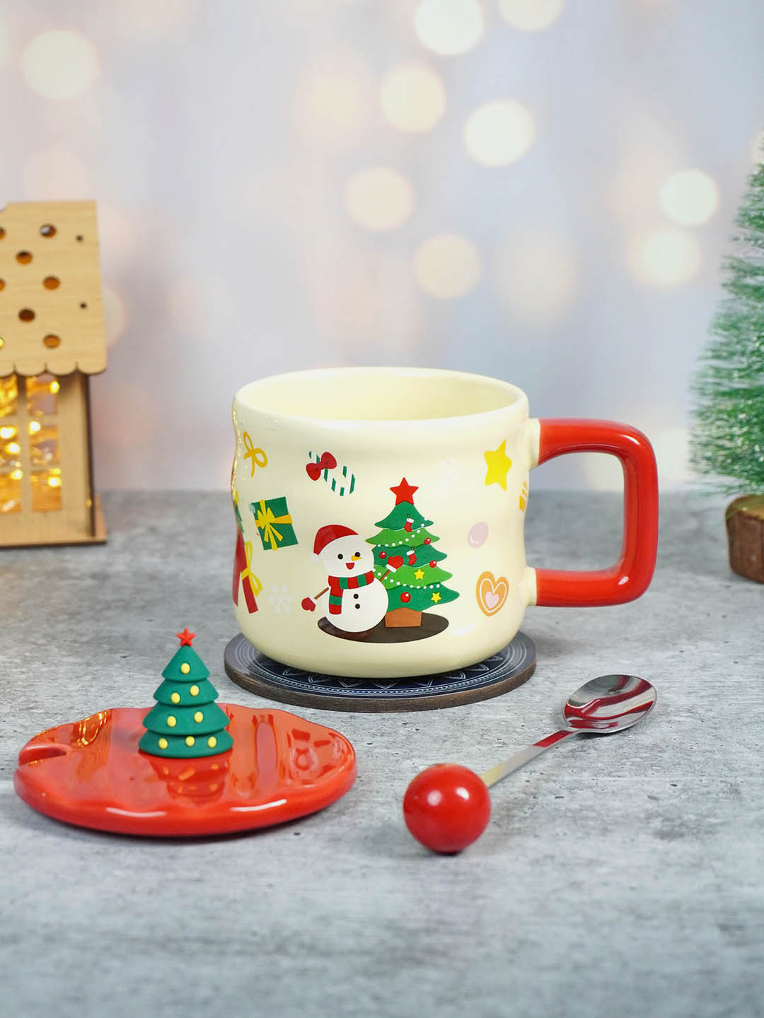 Ceramic Christmas Coffee & Hot Chocolate Mug With 3D Christmas Tree Lid &  Stainless Steel Spoon