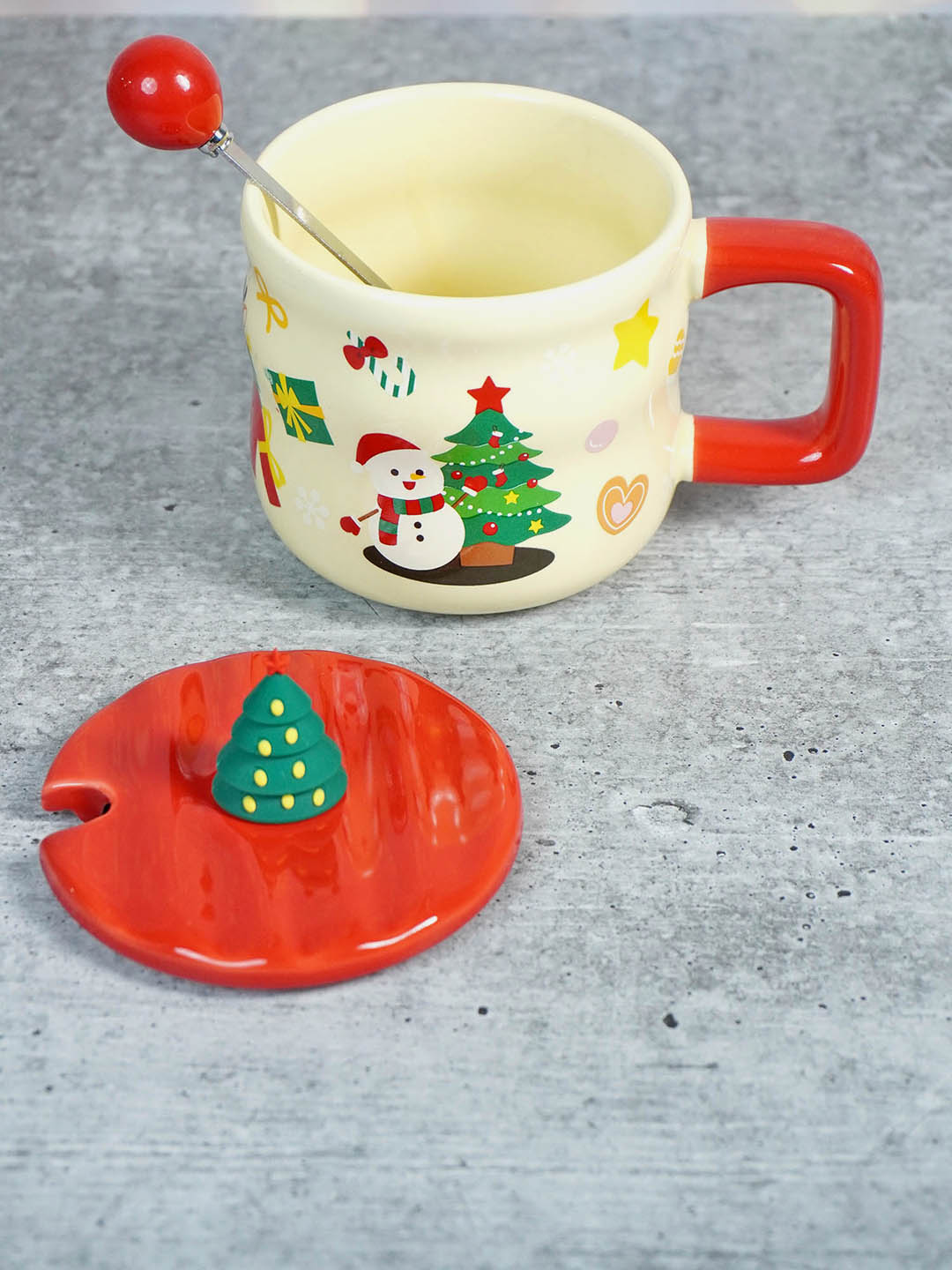 Ceramic Christmas Coffee & Hot Chocolate Mug With 3D Christmas Tree Lid &  Stainless Steel Spoon