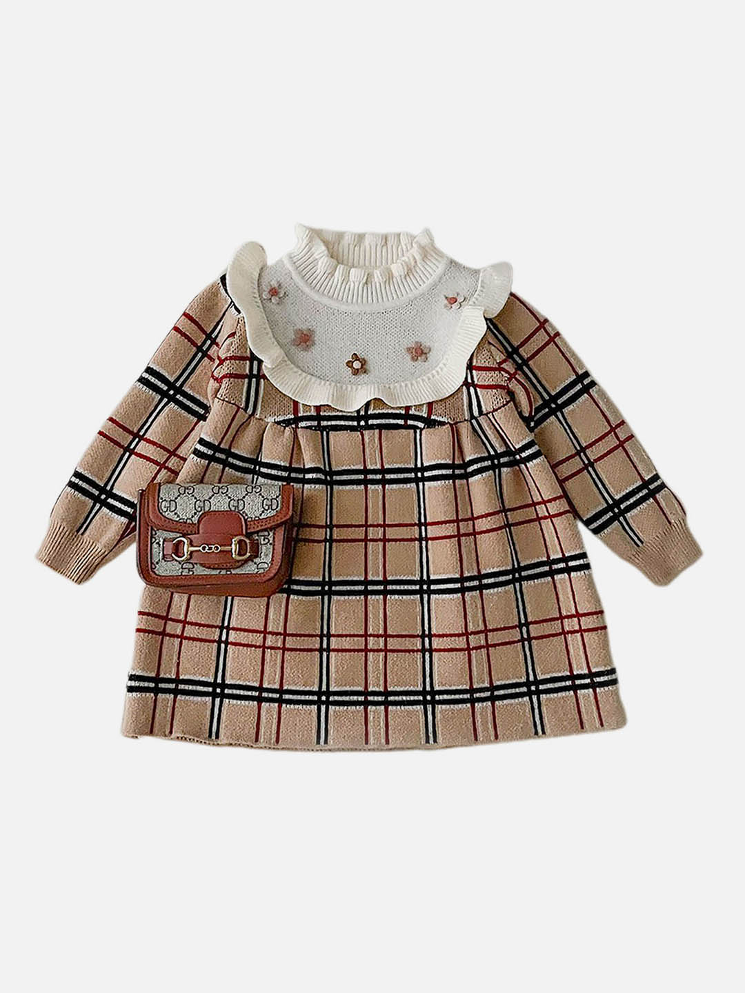 Little Surprise Box Beige sailor Checkered Knitted Frock Winterwear for girls -2-3Y