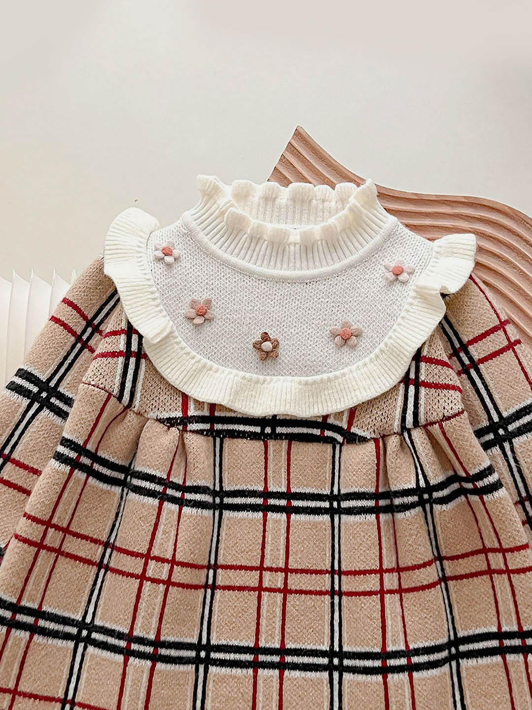 Little Surprise Box Beige sailor Checkered Knitted Frock Winterwear for girls -2-3Y