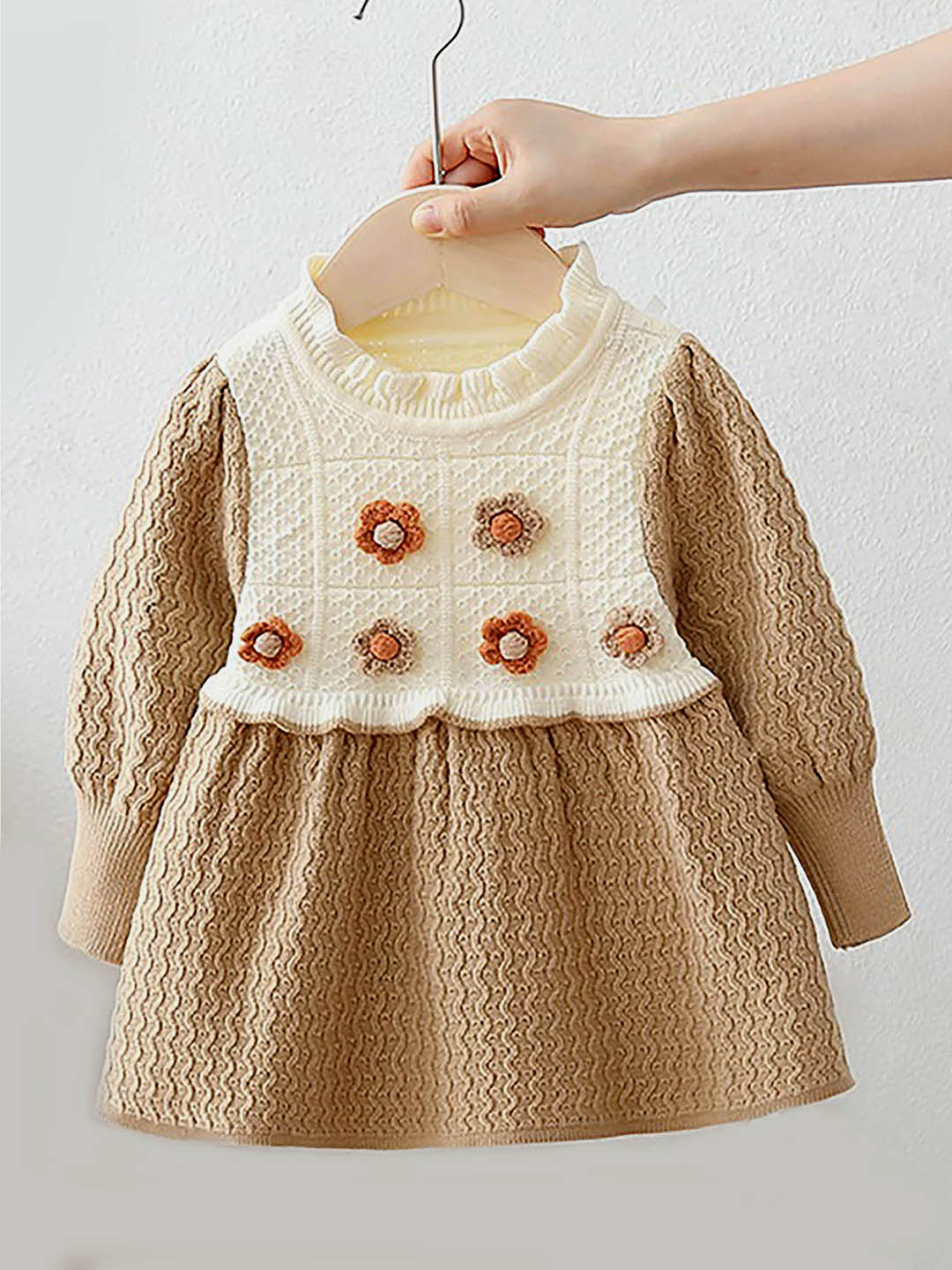 Little Surprise Box Brown & Cream Front floral Jacket patterned Knitted Frock Winterwear for girls -2-3Y