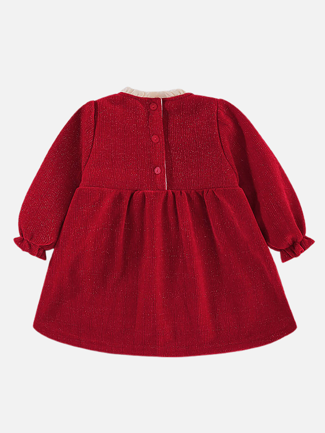 Little Surprise Box Maroon & Cream Big Bow Ruffled neck Knitted Frock Winterwear for girls