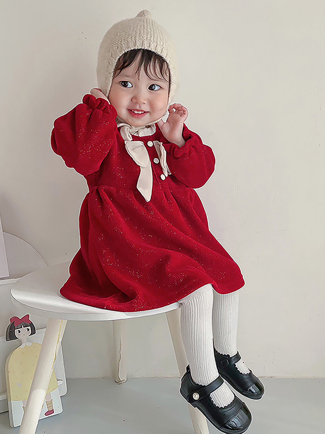 Little Surprise Box Maroon & Cream Big Bow Ruffled neck Knitted Frock Winterwear for girls