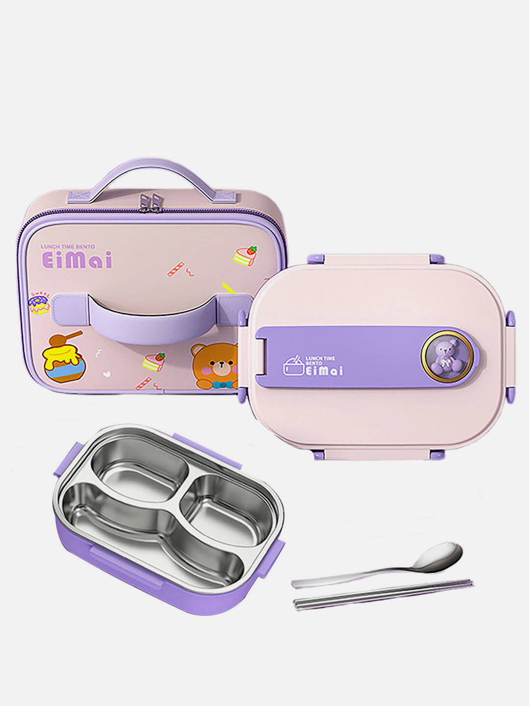 Little Surprise Box Purple Teddy Stainless Steel Lunch Box With Matching Lunch Bag For Kids