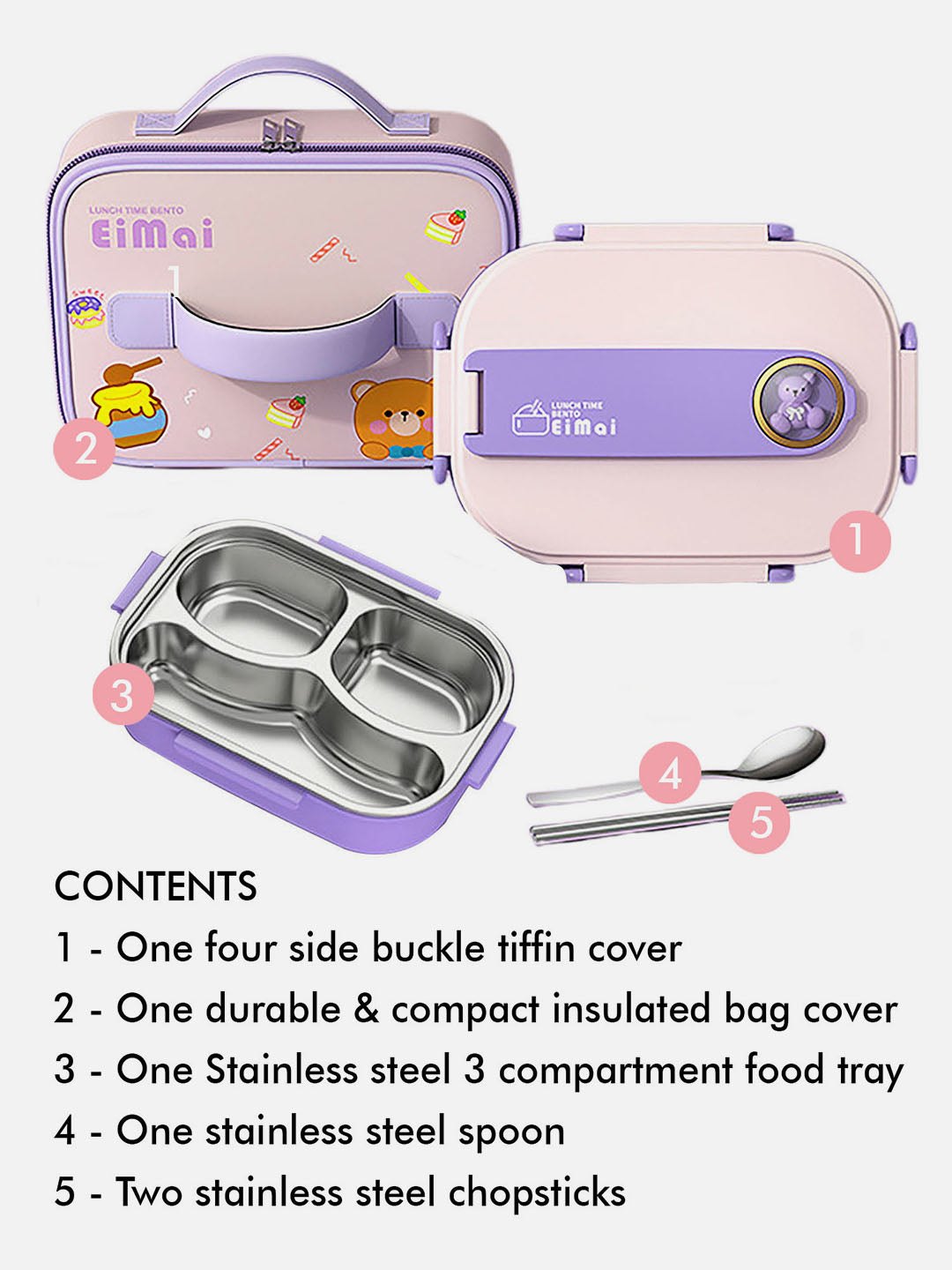 Little Surprise Box Purple Teddy Stainless Steel Lunch Box With Matching Lunch Bag For Kids