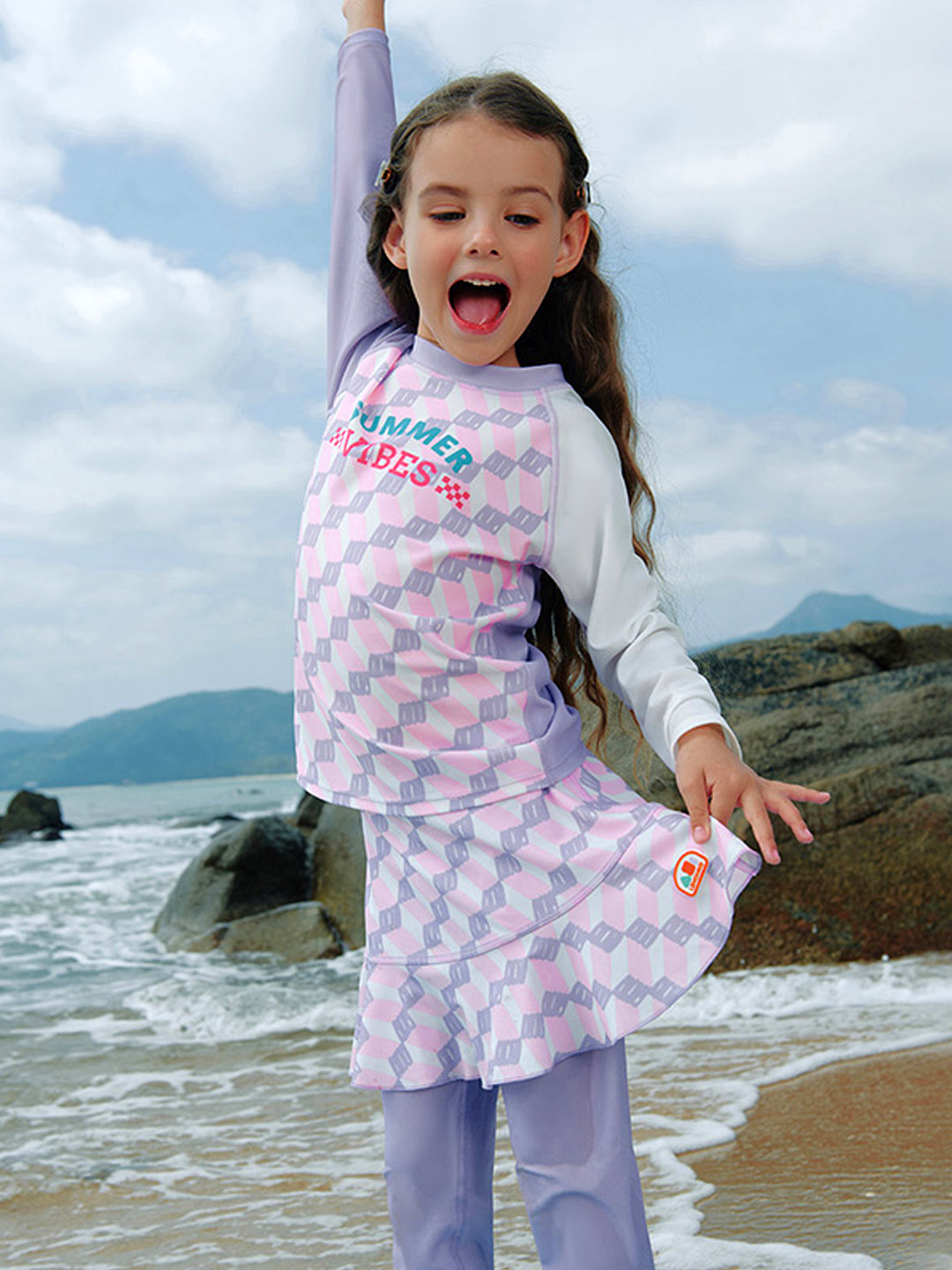 Little Surprise Box,2pcs Purple Checkered Swimsuit for Girls with UPF 50+&a free Swim Washbag