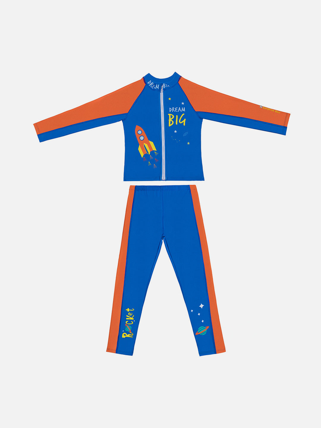 Little Surprise Box,2 pcs Shirt & Pants set LSB Blue & Orange Space Swimwear Full length for Kids with UPF 30+