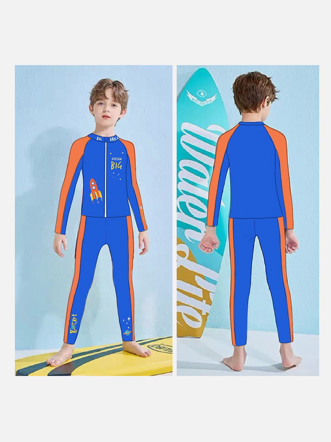 Little Surprise Box,2 pcs Shirt & Pants set LSB Blue & Orange Space Swimwear Full length for Kids with UPF 30+