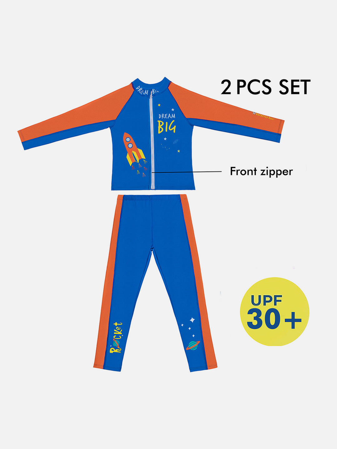 Little Surprise Box,2 pcs Shirt & Pants set LSB Blue & Orange Space Swimwear Full length for Kids with UPF 30+