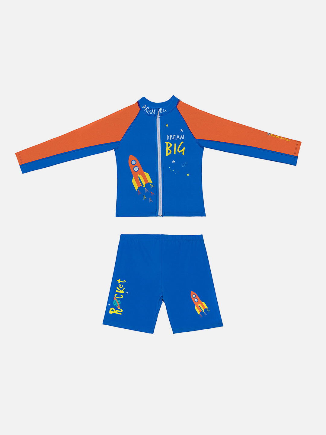 Little Surprise Box,2 pcs Shirt & Shorts set LSB Blue & Orange Space Swimwear Knee length for Kids with UPF 30+