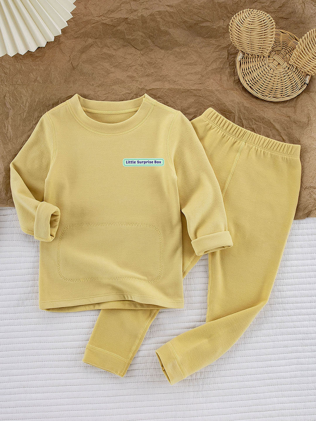 Little Surprise Box LSB Mustard Round Neck Upper & Lower Body Thermal Winter Warmers For Kids-Set Of 2 Pcs