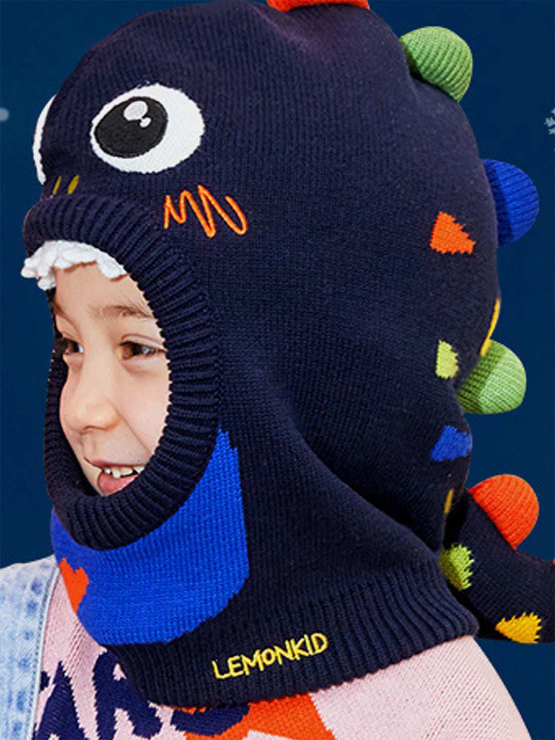 Little Surprise Box Knitted Blue Border Dino theme Winter Cap covering  Neck , Ears &Head for Minus degree Temperature.