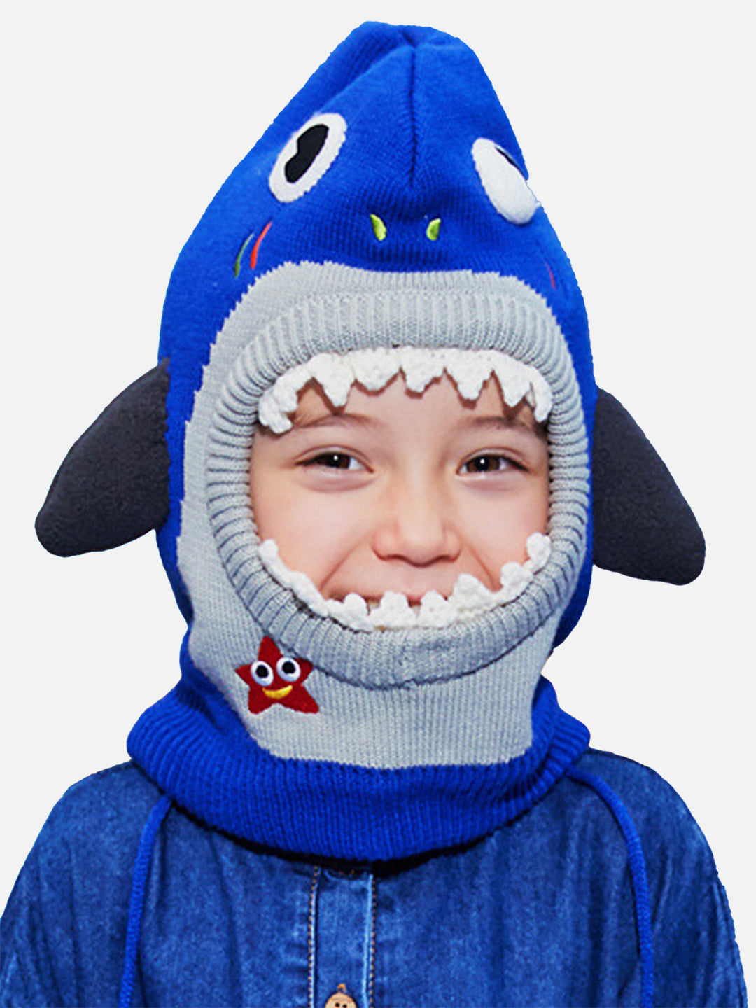 Little Surprise Box Knitted Blue Border Dino theme Winter Cap covering  Neck , Ears &Head for Minus degree Temperature.