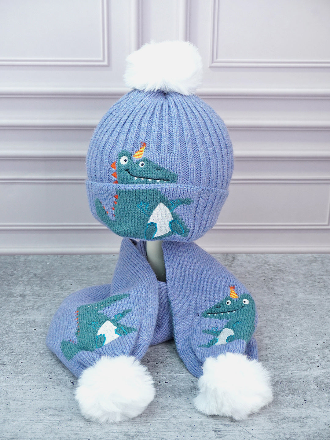 Little Surprise Box 2Pcs Dino Winter Cap Long Style Neck Mufflers For Kids