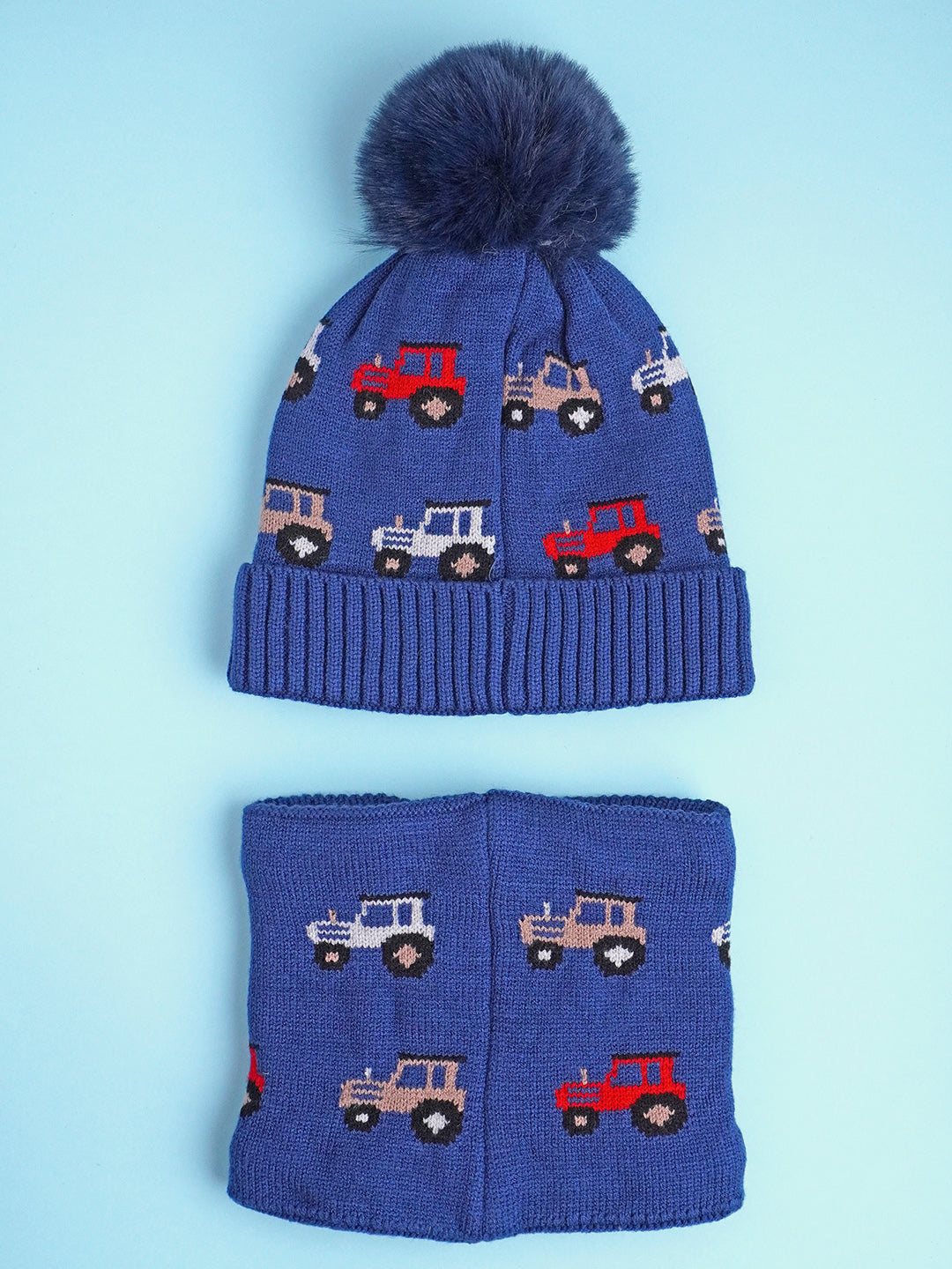 Little Surprise Box 2Pcs Cars Themed Winter Cap With Neck Cuff Style Muffler For Kids