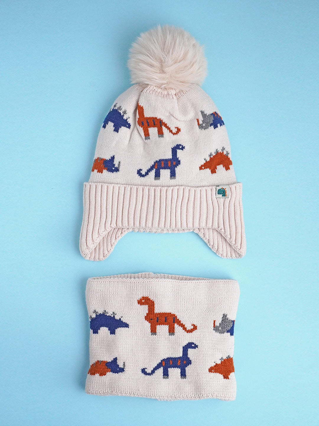 Little Surprise Box 2Pcs Party Dino Themed Beanie Winter Cap Neck Muffler For Kids