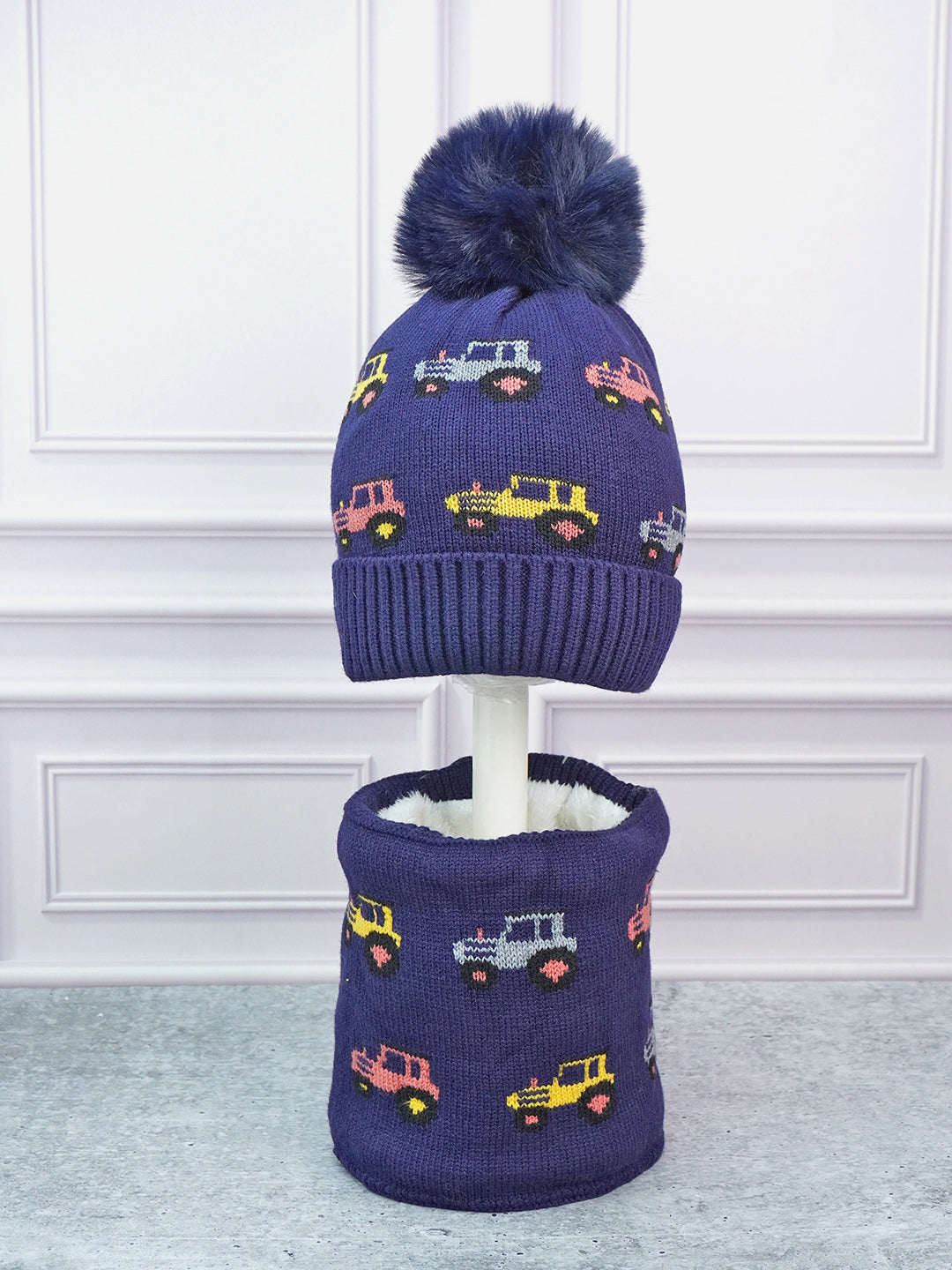 Little Surprise Box 2Pcs Cars Themed Winter Cap With Neck Cuff Style Muffler For Kids