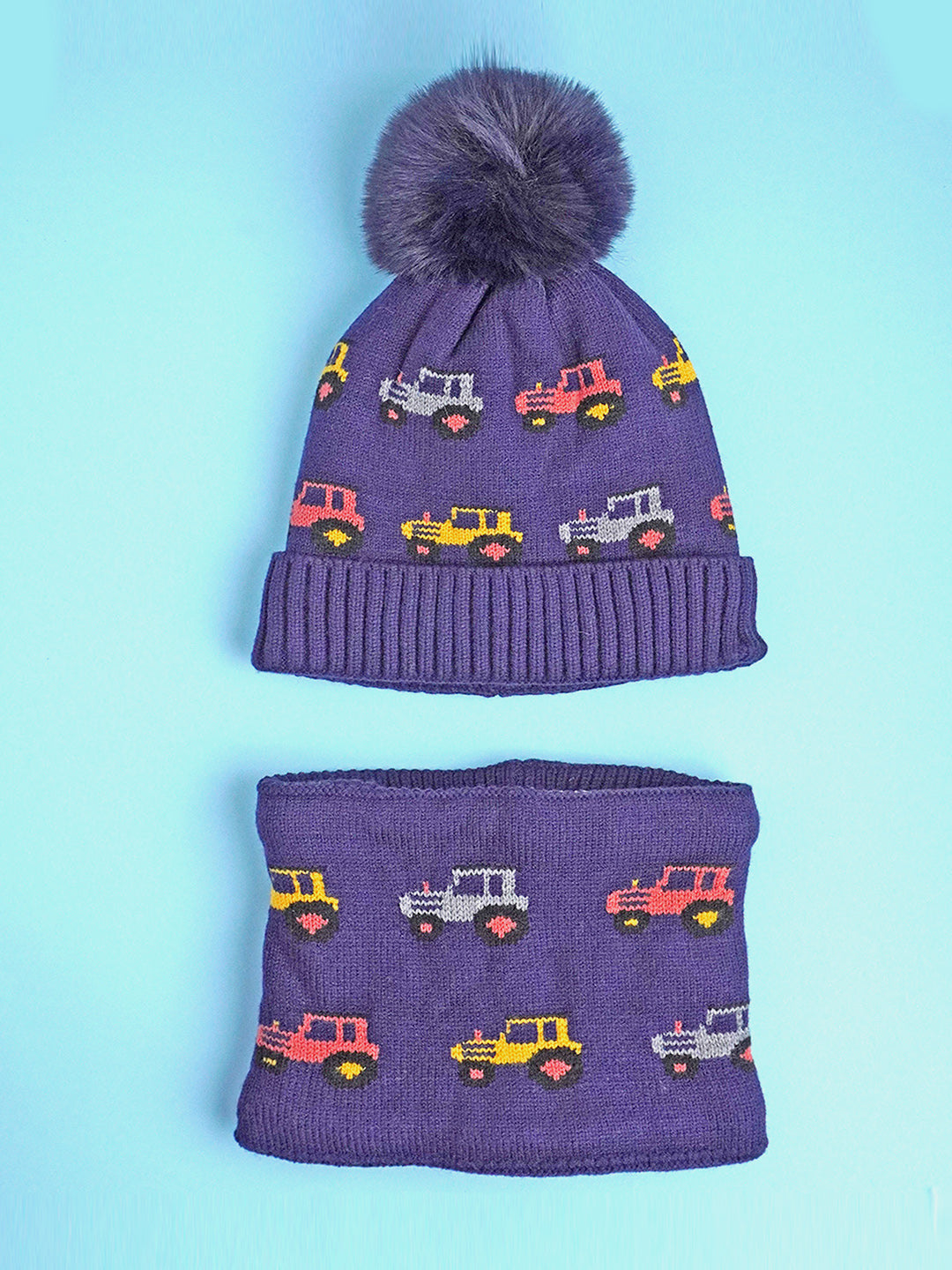 Little Surprise Box 2Pcs Cars Themed Winter Cap With Neck Cuff Style Muffler For Kids