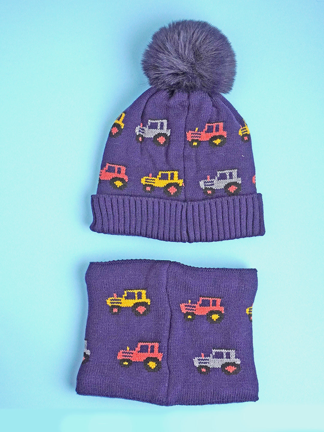 Little Surprise Box 2Pcs Cars Themed Winter Cap With Neck Cuff Style Muffler For Kids