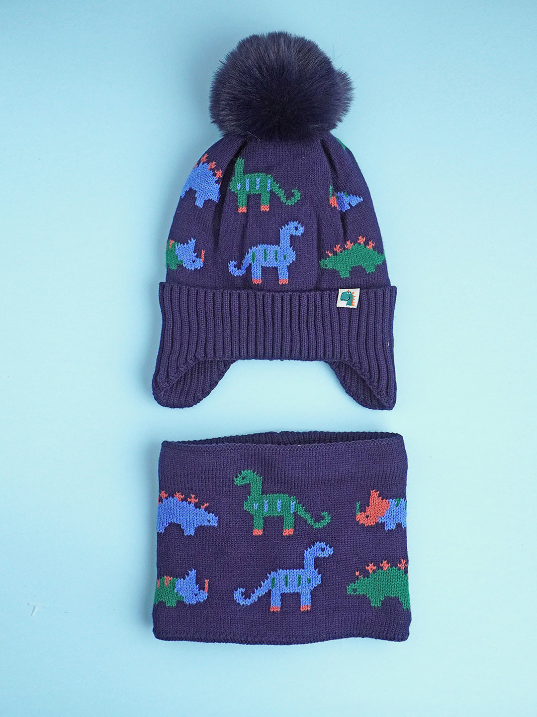 Little Surprise Box 2Pcs Party Dino Themed Beanie Winter Cap Neck Muffler For Kids