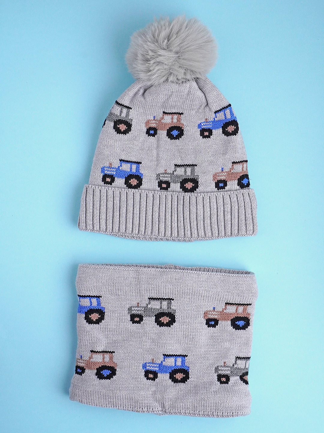 Little Surprise Box 2Pcs Cars Themed Winter Cap With Neck Cuff Style Muffler For Kids