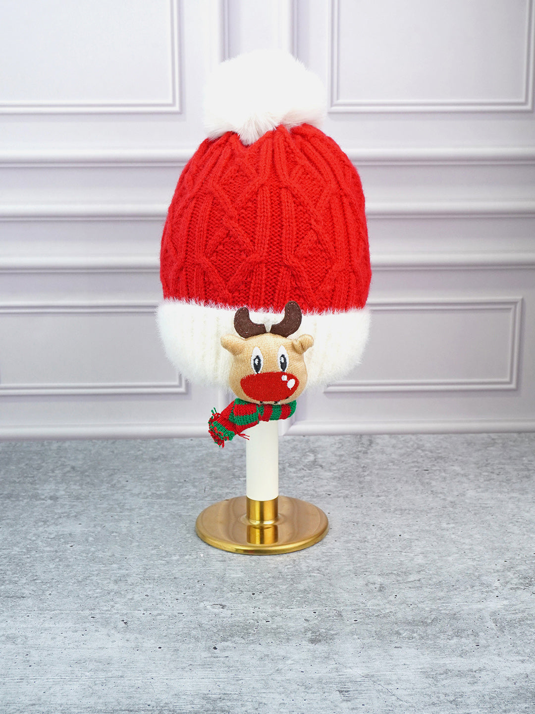 Little Surprise Box 2Pcs Red Reindeer Themed Winter Cap Beanie With Matching Long Style Neck Muffler