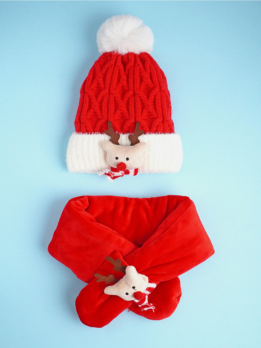 Little Surprise Box 2Pcs Red Reindeer Themed Winter Cap Beanie With Matching Long Style Neck Muffler