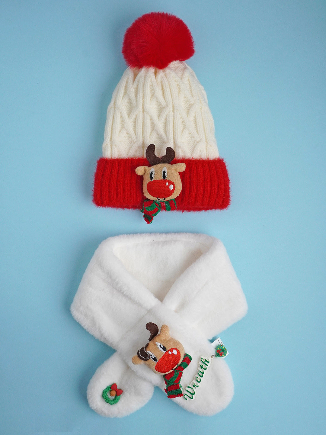 Little Surprise Box 2Pcs Red Reindeer Themed Winter Cap Beanie With Matching Long Style Neck Muffler