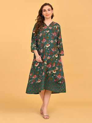 Upper body view of green floral maternity and nursing dress paired with sunglasses and tan sling bag.