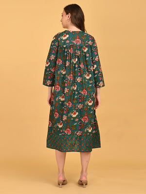Back view of green floral maternity and nursing midi dress with gathered yoke detail.