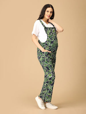 Side view of pregnant woman in The Mom Store Lush Rush Maternity Dungaree