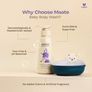 Maate Baby Body Wash | With Ayurvedic Herbs Beetroot, Manjistha & Neem extracts | Body Wash for Dry & Sensitive Skin | Natural & Vegan | Tear-free & pH Balanced | Soap Free (250ml (Pack of 1)) - Baby Body Wash