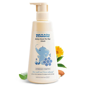 Maate Baby Head to Toe Wash 400 ml | Baby Hair & Body Wash for Bath | Aloe Vera, Almond Oil, Rice Milk & Calendula | Gentle, Soap & Tear Free, pH Balanced Cleanser | For Newborns, Infants & Babies 0m+ - Baby Body Wash