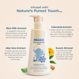 Maate Baby Head to Toe Wash 400 ml | Baby Hair & Body Wash for Bath | Aloe Vera, Almond Oil, Rice Milk & Calendula | Gentle, Soap & Tear Free, pH Balanced Cleanser | For Newborns, Infants & Babies 0m+ - Baby Body Wash