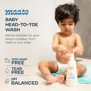 Maate Baby Head to Toe Wash 400 ml | Baby Hair & Body Wash for Bath | Aloe Vera, Almond Oil, Rice Milk & Calendula | Gentle, Soap & Tear Free, pH Balanced Cleanser | For Newborns, Infants & Babies 0m+ - Baby Body Wash